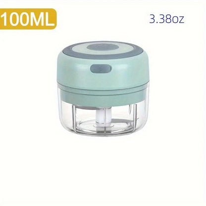 Mini Picador de Alho Elétrico com Capacidade de 100/250Ml, Moedor de Carne USB e Triturador de Alho. É uma ferramenta robusta para esmagar gengibre e vegetais, apresentando um interruptor de segurança e um design espesso.