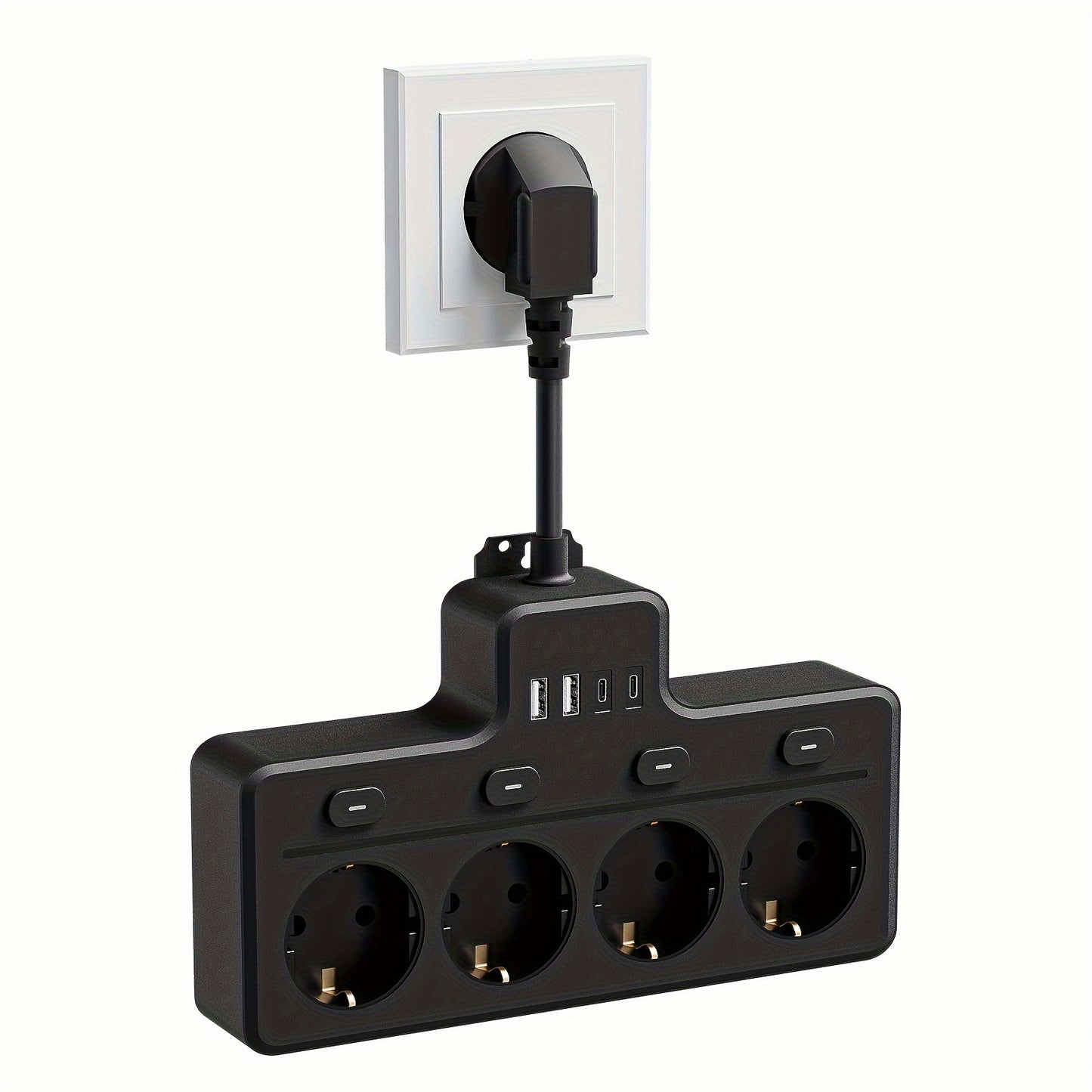 1pc Placa de alimentação UE 8 em 1, plugue de alimentação multi-switch, 4 tomadas CA, 2 USB 2 tipo C, estação de carregamento de parede, adequada para casa, escritório, viagens, computador, branco e preto