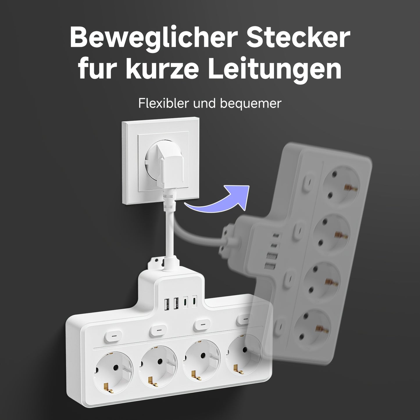 1pc Placa de alimentação UE 8 em 1, plugue de alimentação multi-switch, 4 tomadas CA, 2 USB 2 tipo C, estação de carregamento de parede, adequada para casa, escritório, viagens, computador, branco e preto