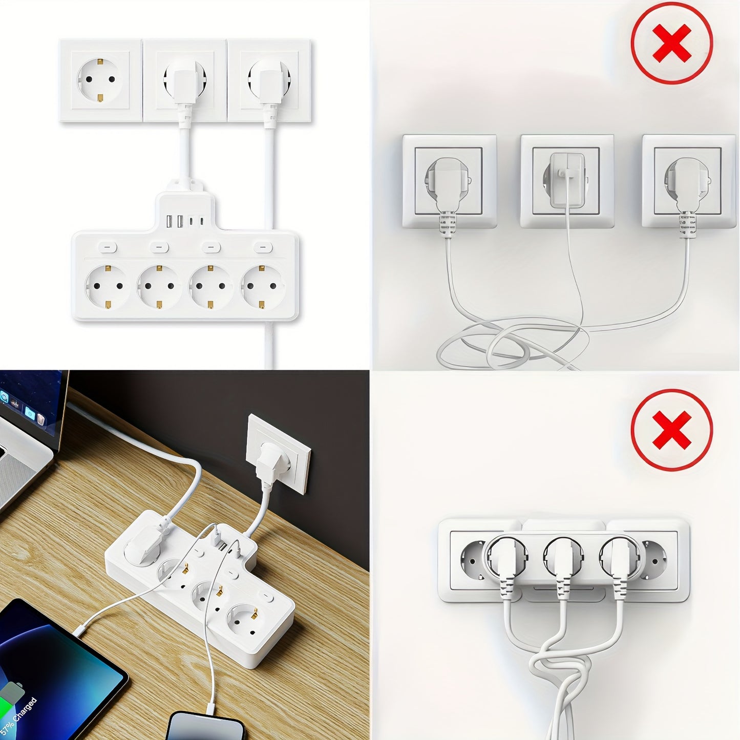 1pc Placa de alimentação UE 8 em 1, plugue de alimentação multi-switch, 4 tomadas CA, 2 USB 2 tipo C, estação de carregamento de parede, adequada para casa, escritório, viagens, computador, branco e preto