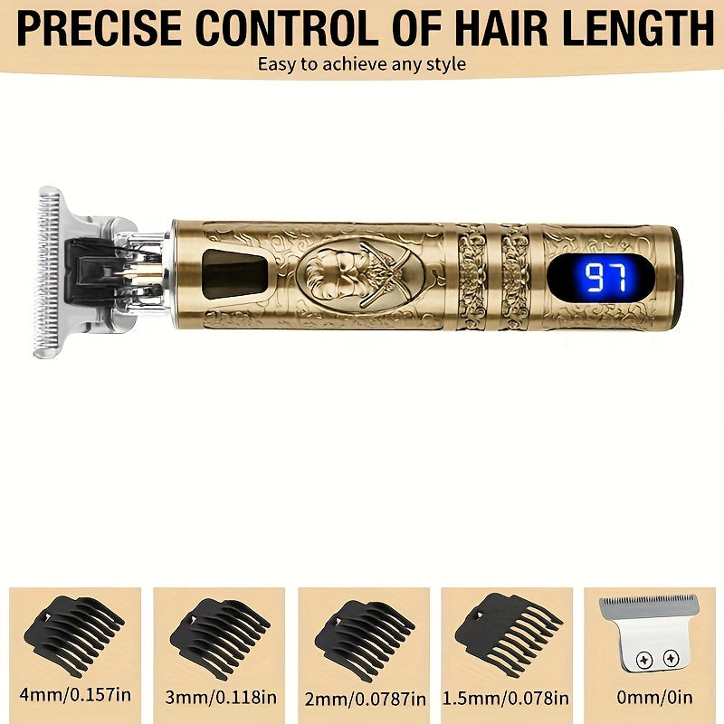 Kit de cortador de cabelo e aparador de barba masculino sem fio YAIAWISU - dourado, recarregável por USB com tela LCD, lâmina em T precisa, inclui pentes guia e acessórios, bateria de 600mAh