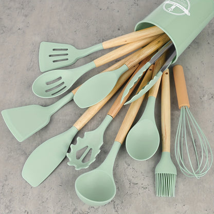 12 unidades/conjunto, conjunto de utensílios de silicone, conjunto de utensílios de cozinha, conjunto de utensílios de cozinha de segurança, conjunto de utensílios de cozinha antiaderente com alça de madeira