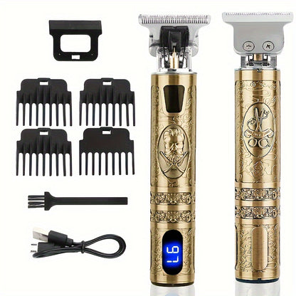 Kit de cortador de cabelo e aparador de barba masculino sem fio YAIAWISU - dourado, recarregável por USB com tela LCD, lâmina em T precisa, inclui pentes guia e acessórios, bateria de 600mAh