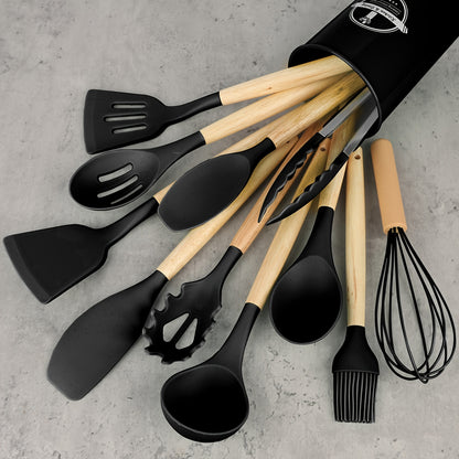 12 unidades/conjunto, conjunto de utensílios de silicone, conjunto de utensílios de cozinha, conjunto de utensílios de cozinha de segurança, conjunto de utensílios de cozinha antiaderente com alça de madeira