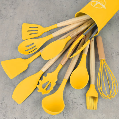 12 unidades/conjunto, conjunto de utensílios de silicone, conjunto de utensílios de cozinha, conjunto de utensílios de cozinha de segurança, conjunto de utensílios de cozinha antiaderente com alça de madeira